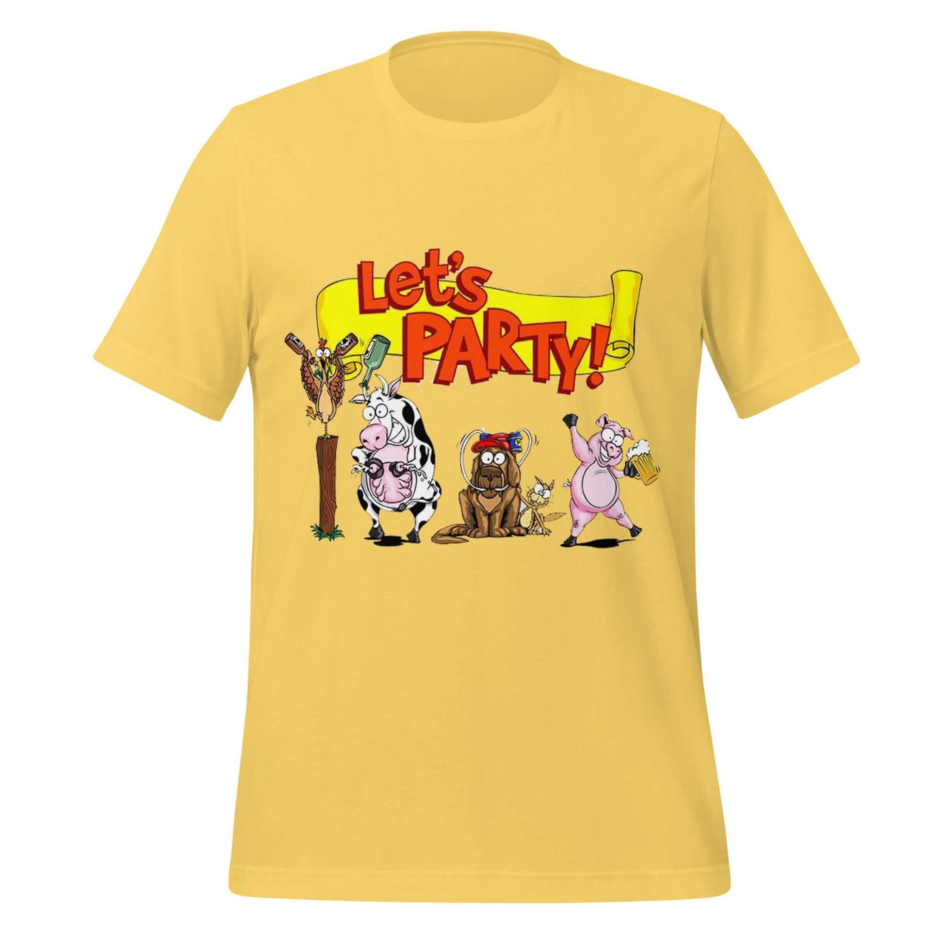 Let’s Party! Drunk Farm Animals Yellow T-Shirt – Moo, Oink, Chug!