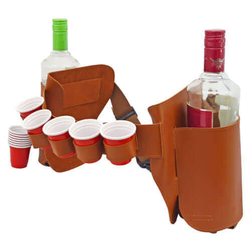 Liquor Holster - Alcohol Bottle Holder - Side view with shot glasses